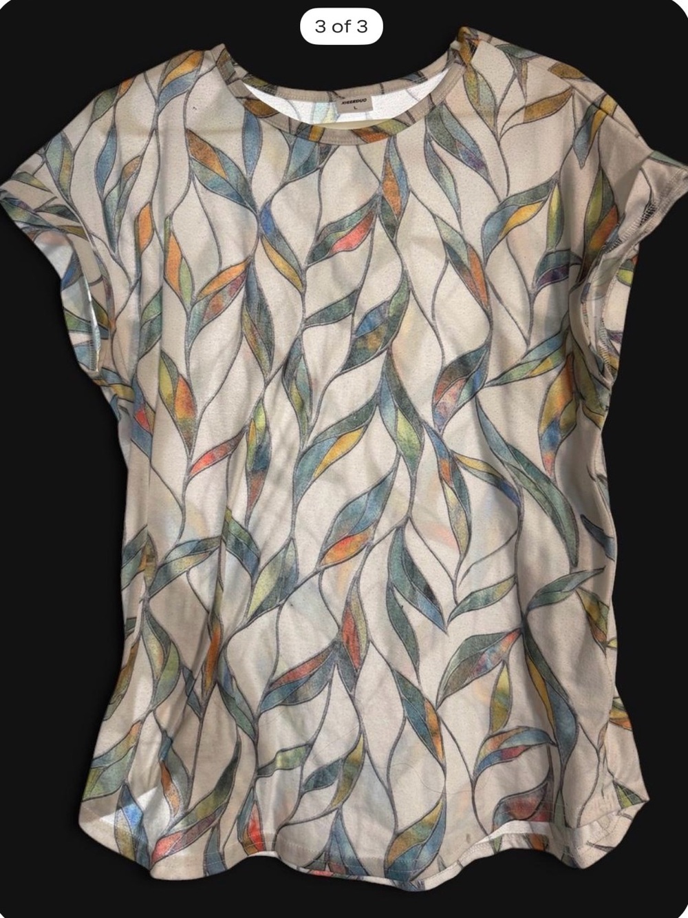 White Short-Sleeve Blouse with Multicolor Leaf Print